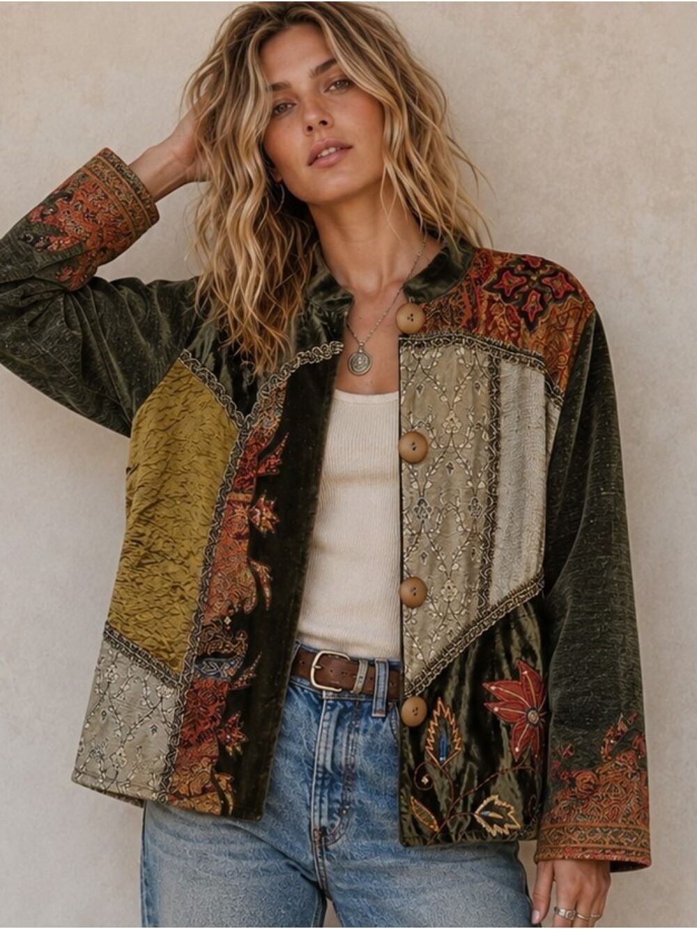 VINTAGE FLASHBACK ART TO WEAR BOHO PATCHWORK VELVET EMBROIDERED JACKET SMALL